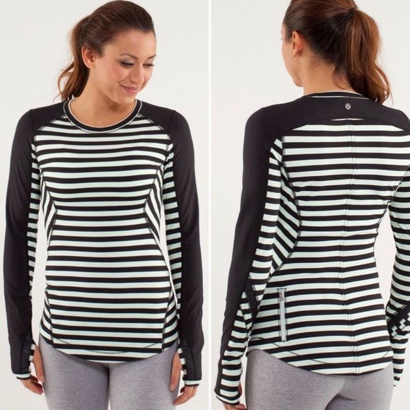 lululemon athletica Tops - Lululemon Run Reflect Long Sleeve Top Sea Stripe Mint Moment Black
